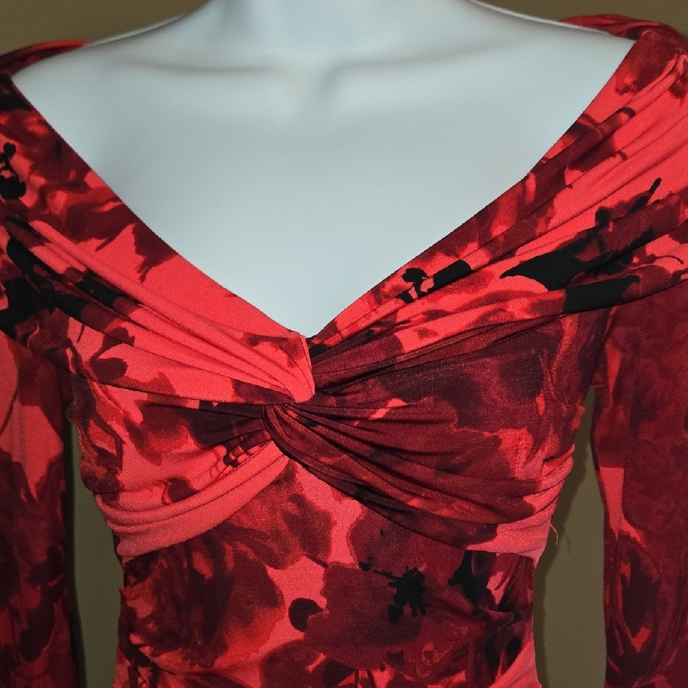 SEXY FORM FITTING Boston Proper Red and Black Floral 3/3 Sleeve Dress NWOT Sz 0 - Picture 6 of 10